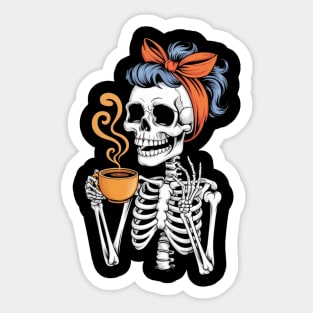 Halloween Skeleton Messy Bun Coffee Funny Sticker